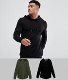 Asos Longline Muscle Hoodie With Curved Hem In Black/khaki Save - Multi