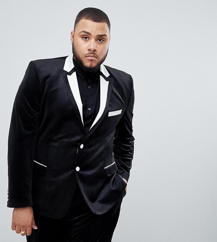 Asos Design Plus Skinny Tuxedo Suit Jacket In Black With White Tipping