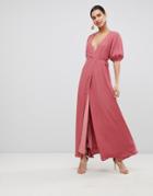 Fashion Union Wrap Front Maxi Dress With Balloon Sleeves - Pink