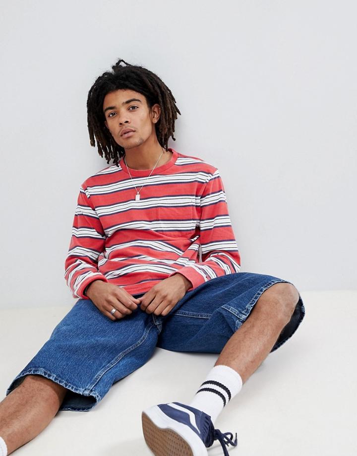 Brixton Hilt Washed Long Sleeve Striped T-shirt With Pocket - Red