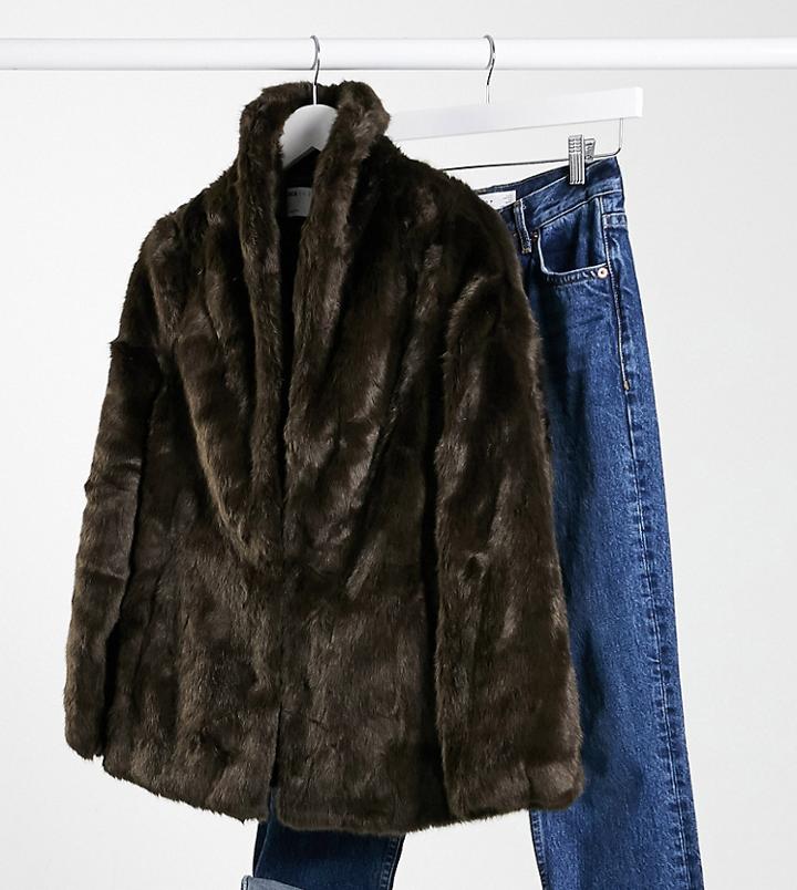 Asos Design Petite Stand Faux Fur Collar Coat In Brown-red
