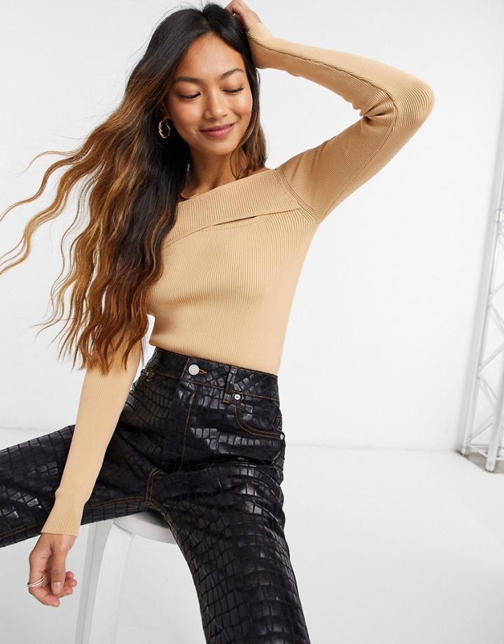 River Island Split Chest Sweater In Camel-brown