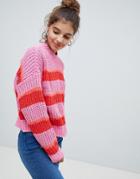 Bershka Striped Heavy Knitted Jersey Sweater - Pink