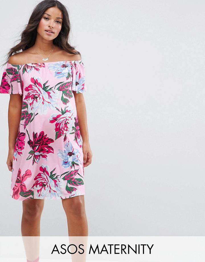 Asos Maternity Off Shoulder Dress In Pink Floral - Multi