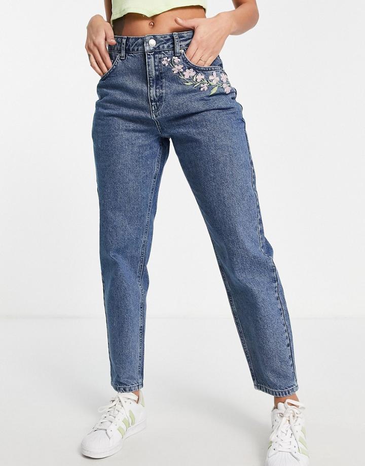 Miss Selfridge Pocket Embroidered Mom Jean In Mid Wash-blue