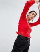Lost Ink Long Sleeve Crop Top With Frill Hem In Smocked Stripes - Red