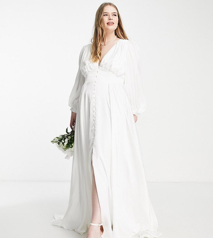 Asos Edition Curve Alyssa Satin Wedding Dress With Blouson Sleeve And Button Front-white