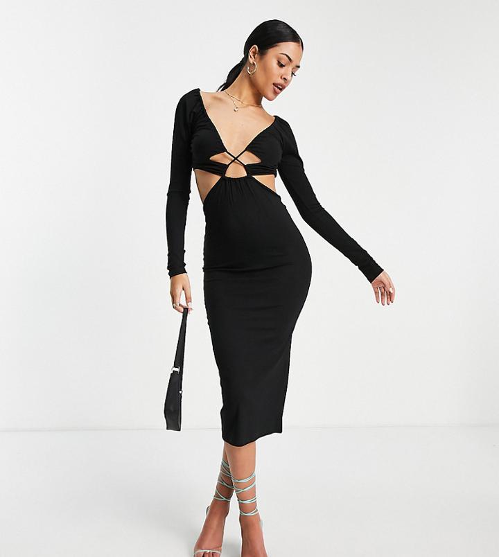 Asos Design Tall Long Sleeve Ruched Channel Cut Out Midi Dress In Black