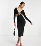 Asos Design Tall Long Sleeve Ruched Channel Cut Out Midi Dress In Black