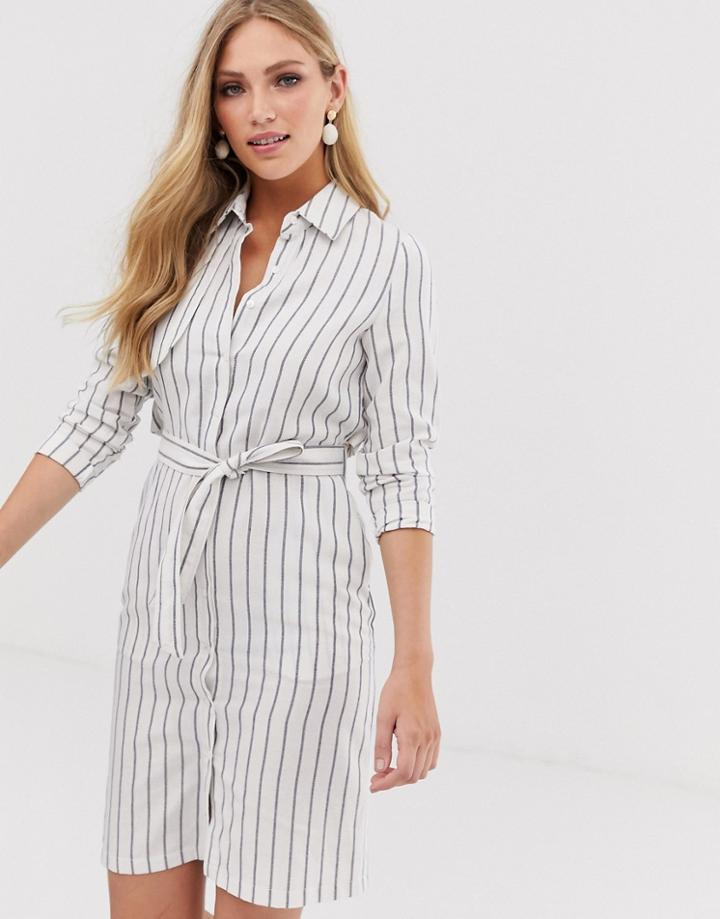Liquorish Tie Front Shirt Dress In Blue Stripe-cream
