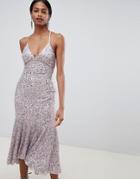 Asos Design Cami Midaxi Dress In All Over Sequin With Fluted Hem - Purple