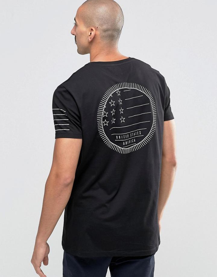 Asos Longline T-shirt With Flag Print And Sleeve Stripe Print - Black