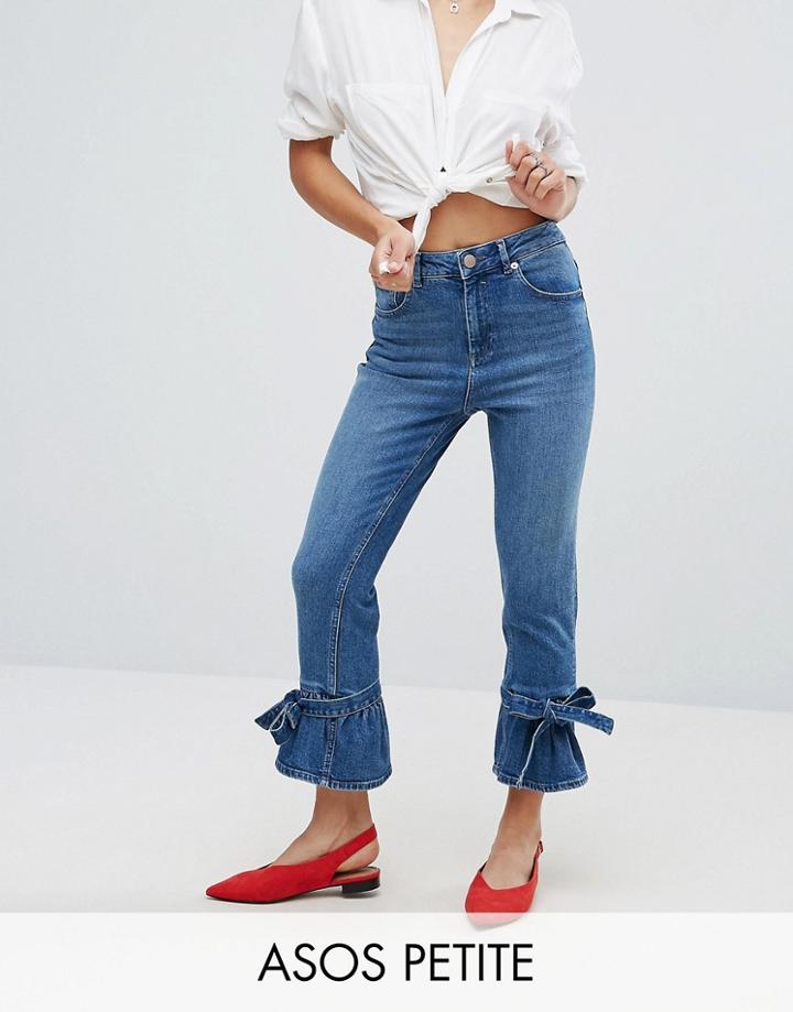 Asos Petite Farleigh High Waist Slim Mom Jeans With Flared Bow Hem In Prince Wash - Blue