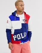 Polo Ralph Lauren Color Block Logo Print Overhead Hooded Jacket In Red/white/blue
