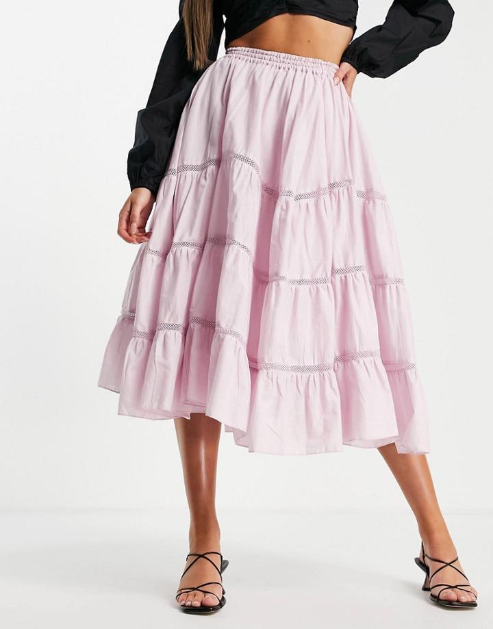 Asos Design Midi Skirt With Lace Insert And Handkerchief Hem In Mauve-brown