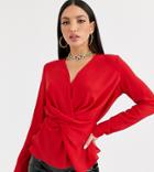 Asos Design Tall Long Sleeve V Neck Top With Twist And Drape Detail-red
