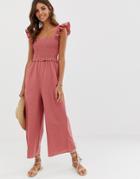 Asos Design Shirred Frill Sleeve Jumpsuit - Pink