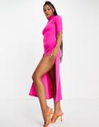 John Zack Exclusive High Neck Maxi Dress With Thigh Split In Pink