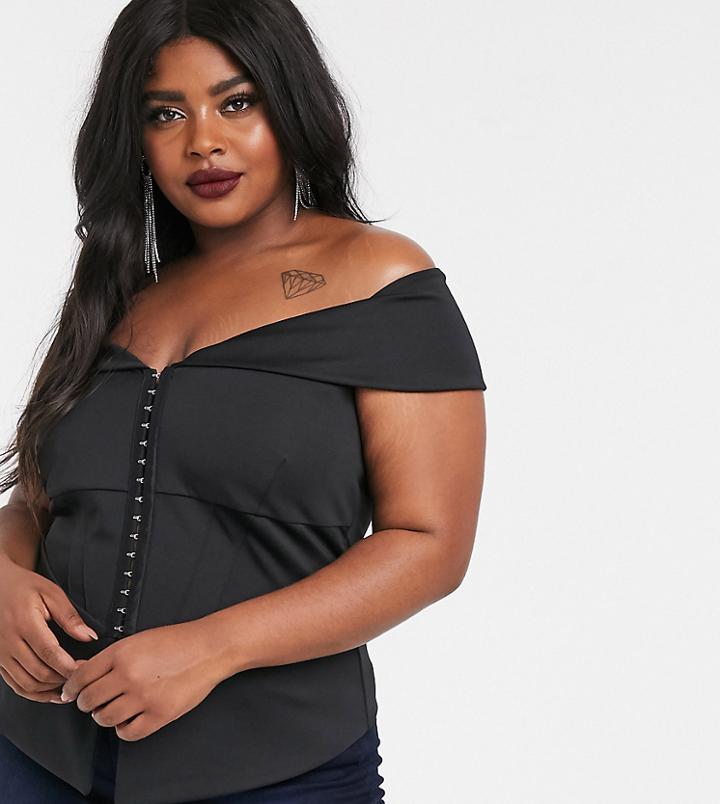 Asos Design Curve Off Shoulder Pep Hem Top With Hook And Eye Detail In Black