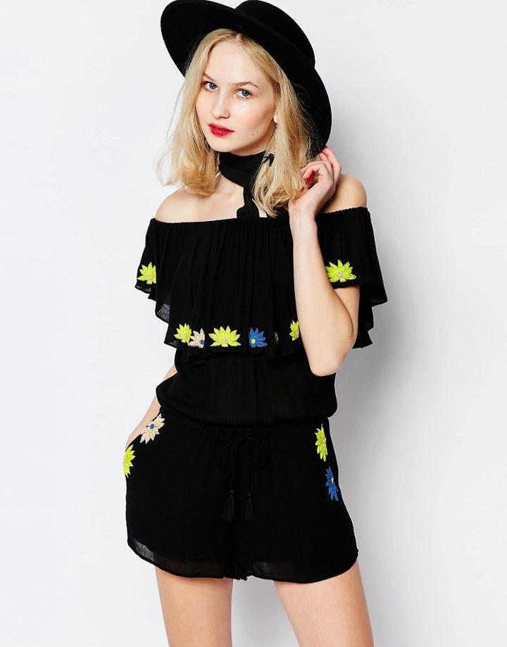 Piper Papua Floral Embroidered Romper - Black