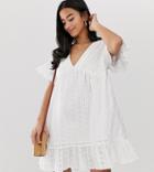 Asos Design Petite V Front V Back Smock Mini Dress With Pep Hem In Broderie - White