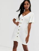 Asos Design Mini Button Through Textured Tea Dress - White