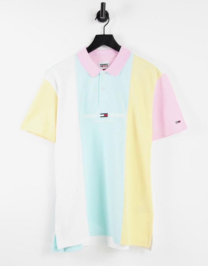 Tommy Jeans Pastel Capsule Central Logo Color Block Pique Polo In Aqua Coast Green