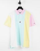 Tommy Jeans Pastel Capsule Central Logo Color Block Pique Polo In Aqua Coast Green