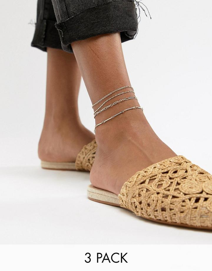 Asos Design Pack Of 3 Anklets With Multi Row Chains In Gold - Gold
