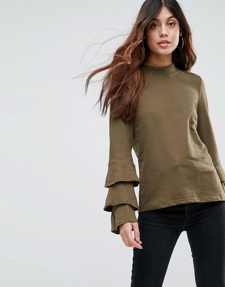 Vero Moda Frill Sleeve Tiered Top - Green