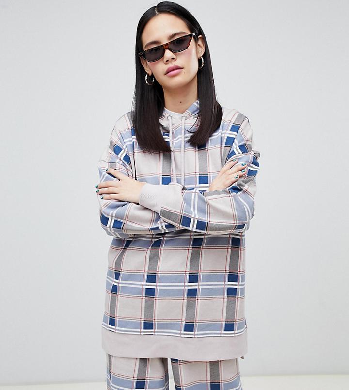Monki Longline Checked Hoodie In Beige - Beige