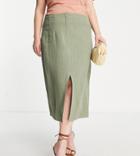 Asos Design Curve Linen Midi Pencil Skirt With Split In Khaki-green