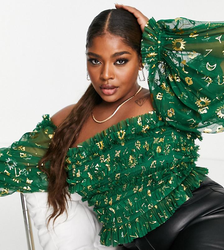 Lace & Beads Plus Off-shoulder Tulle Top In Emerald Green Zodiac