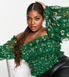 Lace & Beads Plus Off-shoulder Tulle Top In Emerald Green Zodiac
