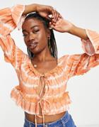 Asos Design Crop Top With Frill Detail & Long Sleeve In Tie Dye-multi