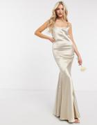 Asos Design Bridesmaid Satin Scoop Maxi Dress With Paneled Skirt And Button Back-neutral