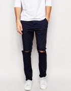 Asos Skinny Chinos With Knee Rips - Navy