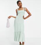 New Look Tall Tie Shoulder Tiered Midi Dress In Light Green