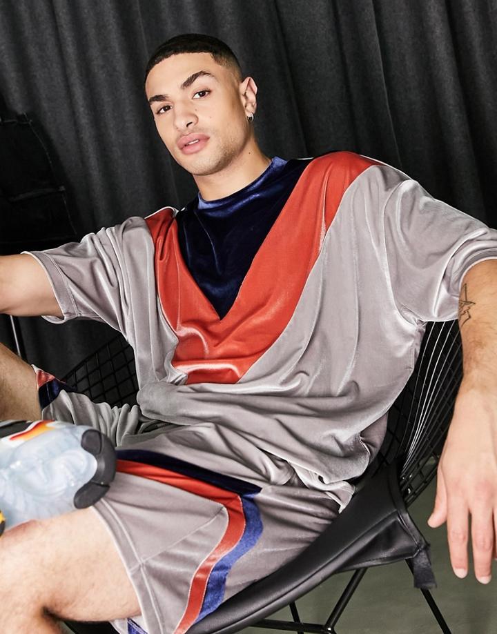 Asos Design Oversized T-shirt In Velour Color Block - Part Of A Set-multi
