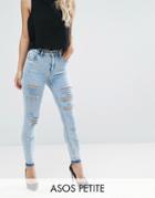 Asos Petite Ridley Ankle Grazer Jeans In Sebastian Wash With Shredded Rips - Blue