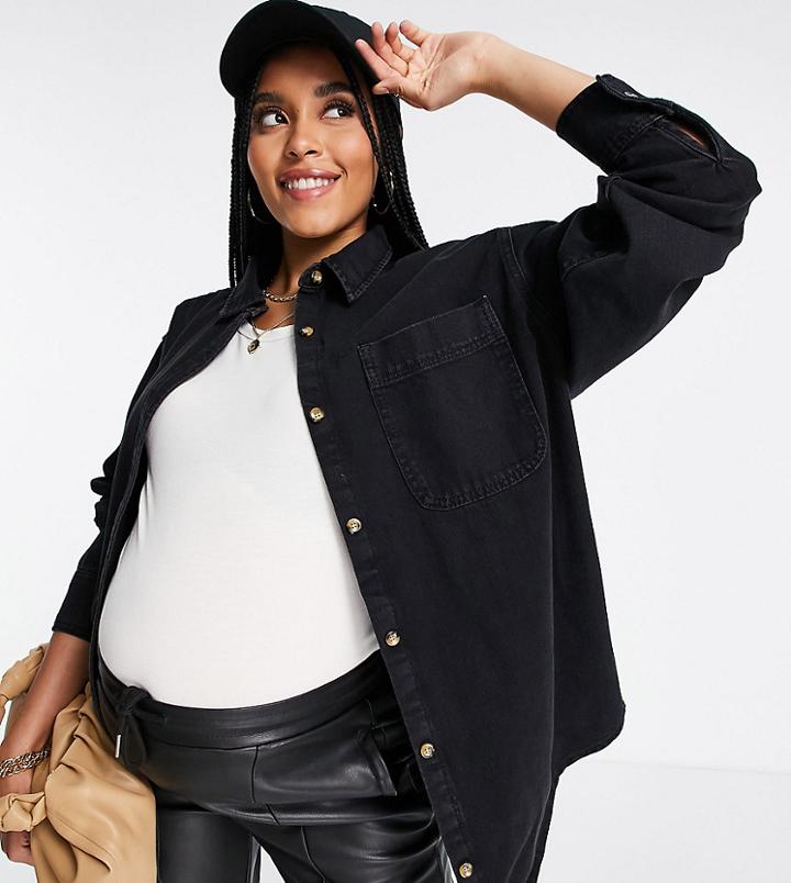 Asos Design Maternity Denim 'original' Shirt In Washed Black