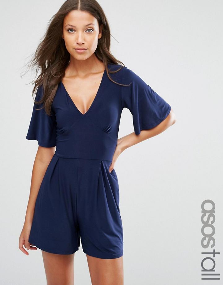 Asos Tall Romper With Flutter Kimono Sleeve - Navy