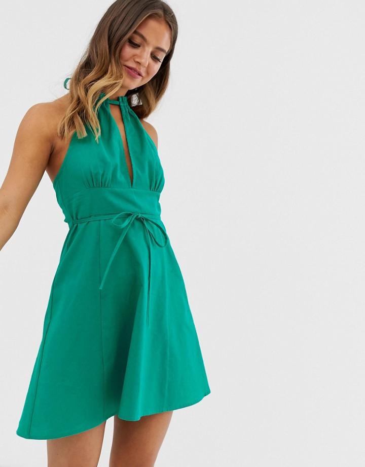 Asos Design Halter Mini Skater Sundress With Tie Belt - Green