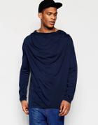 Asos Super Longline Long Sleeve T-shirt With Hooded Drape Neck - Navy
