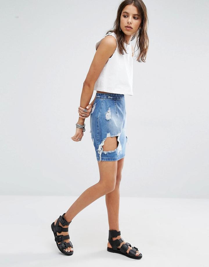 Missguided Ripped Denim Mini Skirt - Blue