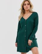 Asos Design Super Soft Rib Button Through Swing Dress - Green