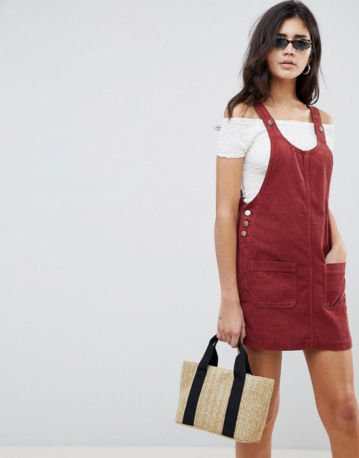 Asos Design Cord Pinafore Dress In Rust - Orange