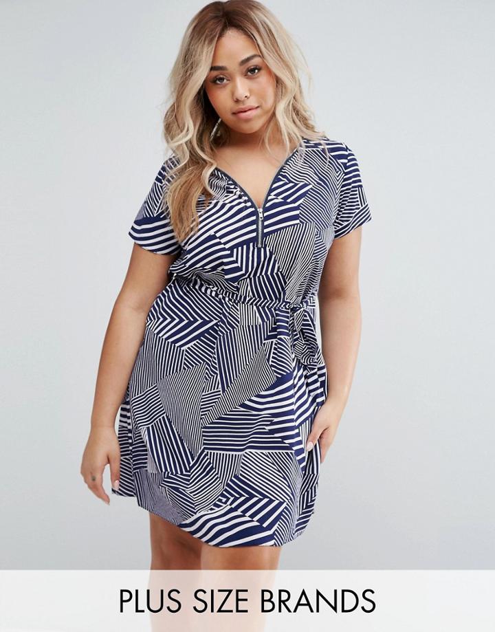 Koko Plus Dress With Zip Front In Stripe Print - Navy