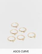 Asos Design Curve Pack Of 6 Rings With Color Pearls In Gold Tone - Gold