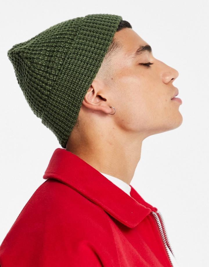 Asos Design Fisherman Beanie With Waffle Knit Detail In Khaki-green